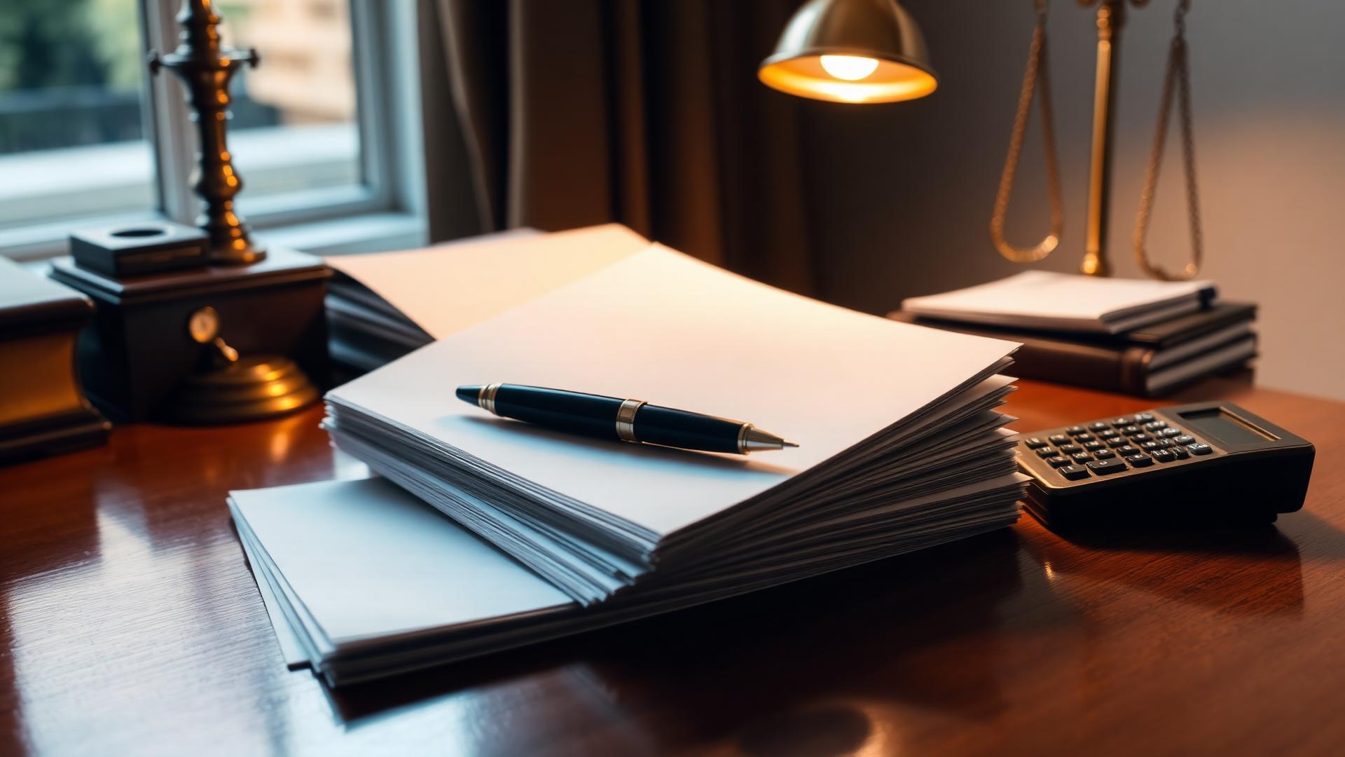 Stack of financial documents and a fountain pen on a quiet office desk