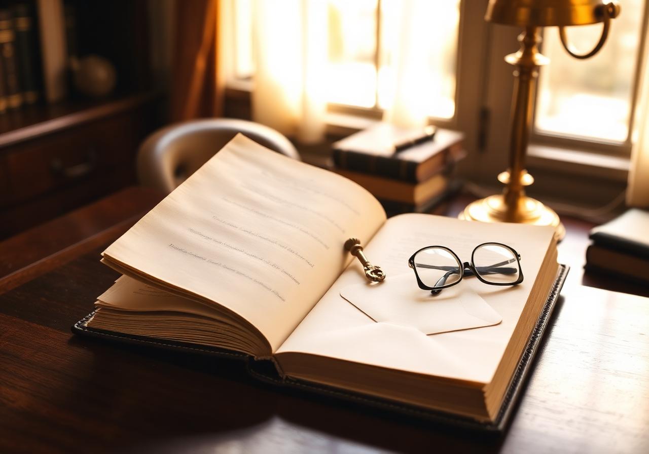 Antique estate ledger, brass key and reading glasses on a quiet office desk